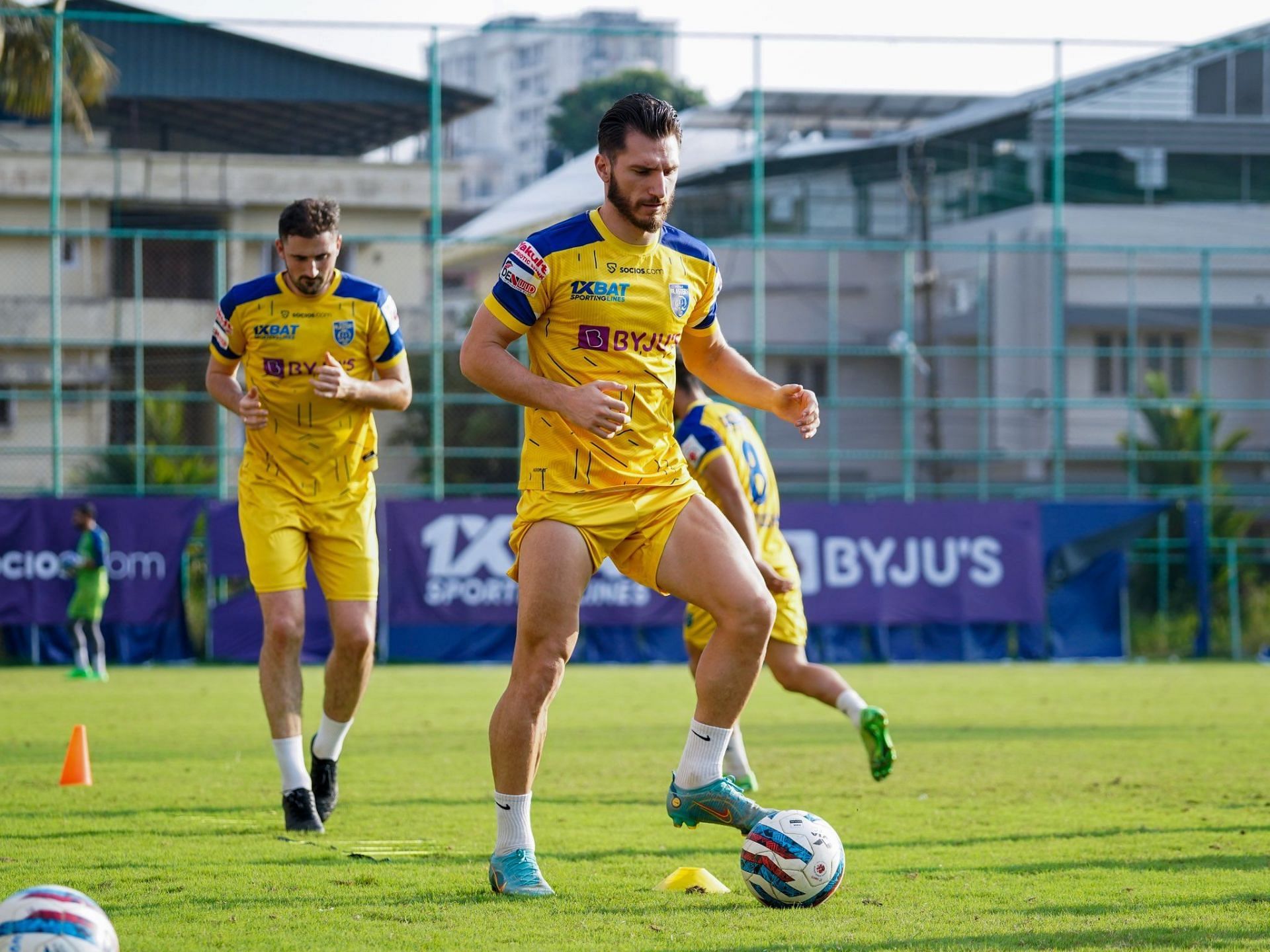 Kerala Blasters FC players training ahead of their clash against Jamshedpur FC.