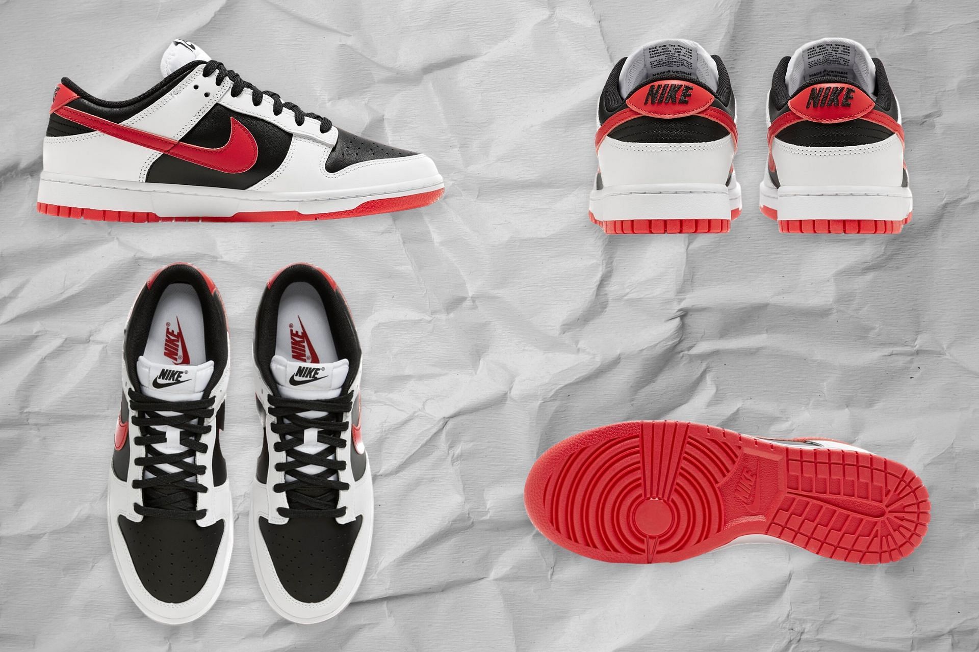 Here&#039;s a detailed look at the upcoming Dunk Low Reverse White Black Red shoes (Image via Sportskeeda)
