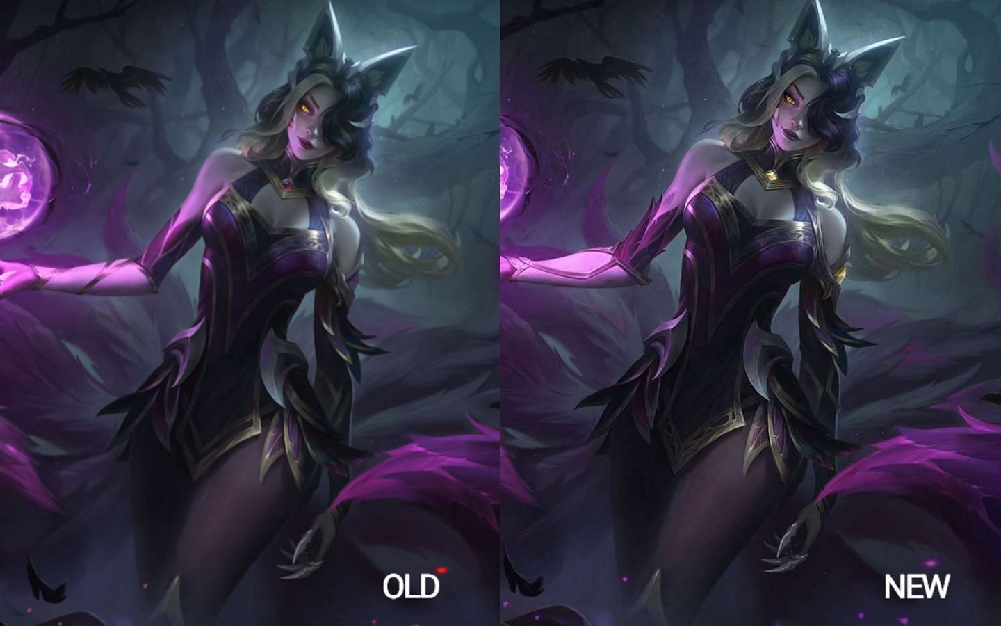 Coven Ahri&#039;s updated splash has tweaks for her gloves, hair, yellow gem, and face. (Image via Riot Games)
