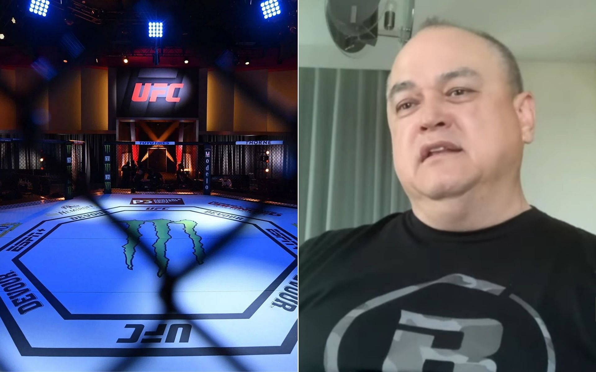 UFC octagon (Left), and Scott Coker (Right) {Photo credit: MMAFightingonSBN - YouTube}