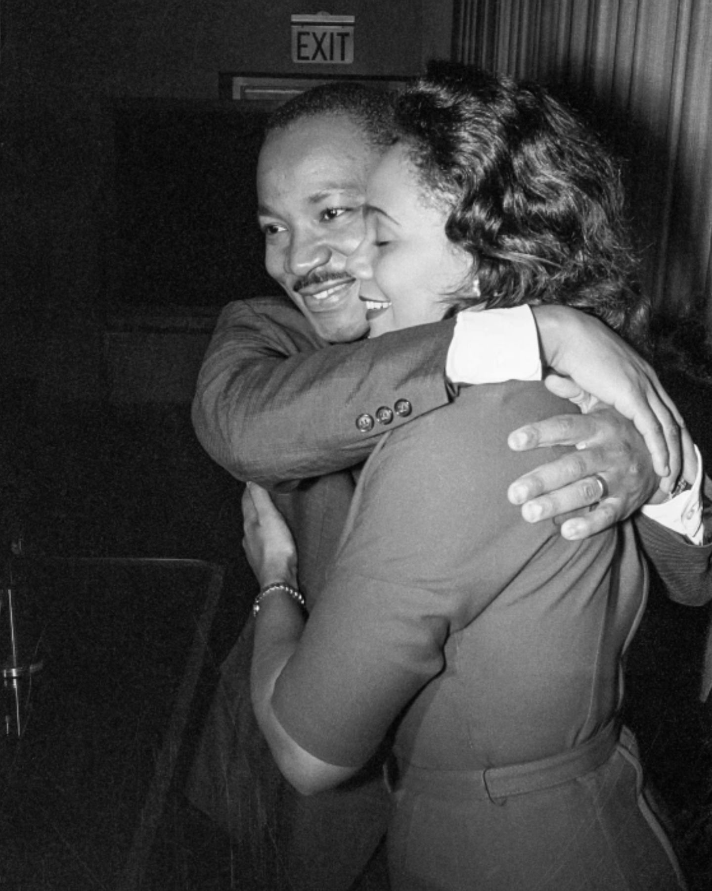 Martin Luther King Jr. hugs his wife Coretta Scott King after the announcement of him being awarded the Nobel Peace Prize on October 14, 1964. (Image via Bettmann Archive)