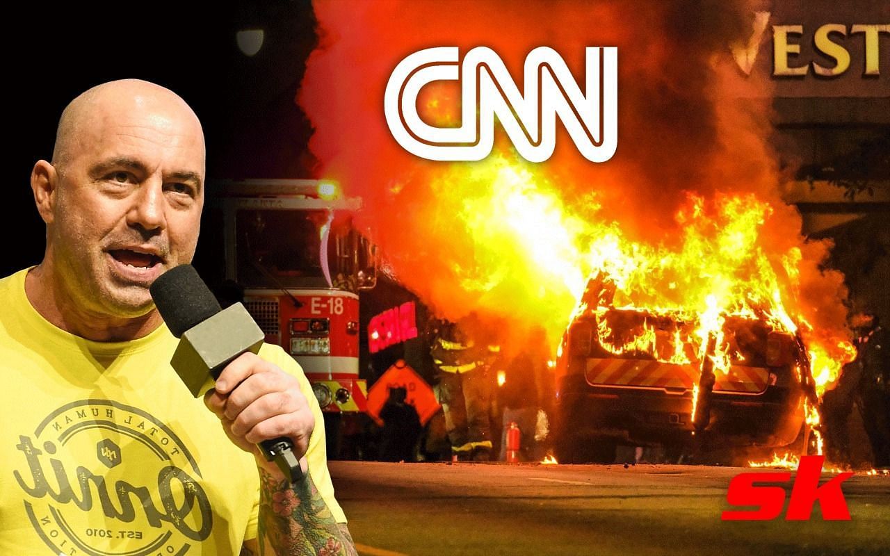 Joe Rogan blasts CNN for their misleading coverage on Atlanta protests. [Images courtesy: Rogan from Getty Images, CNN logo from Instagram @cnn, and protests from Twitter @BillyHeathFOX5]