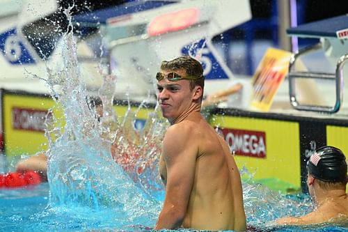 Leon Marchand of Team France celebrates after winning Gold in the Men's 400m Medley Final on day one of the Budapest 2022 FINA World Championships at Duna Arena on June 18, 2022 in Budapest, Hungary. (Photo by Quinn Rooney/Getty Images)