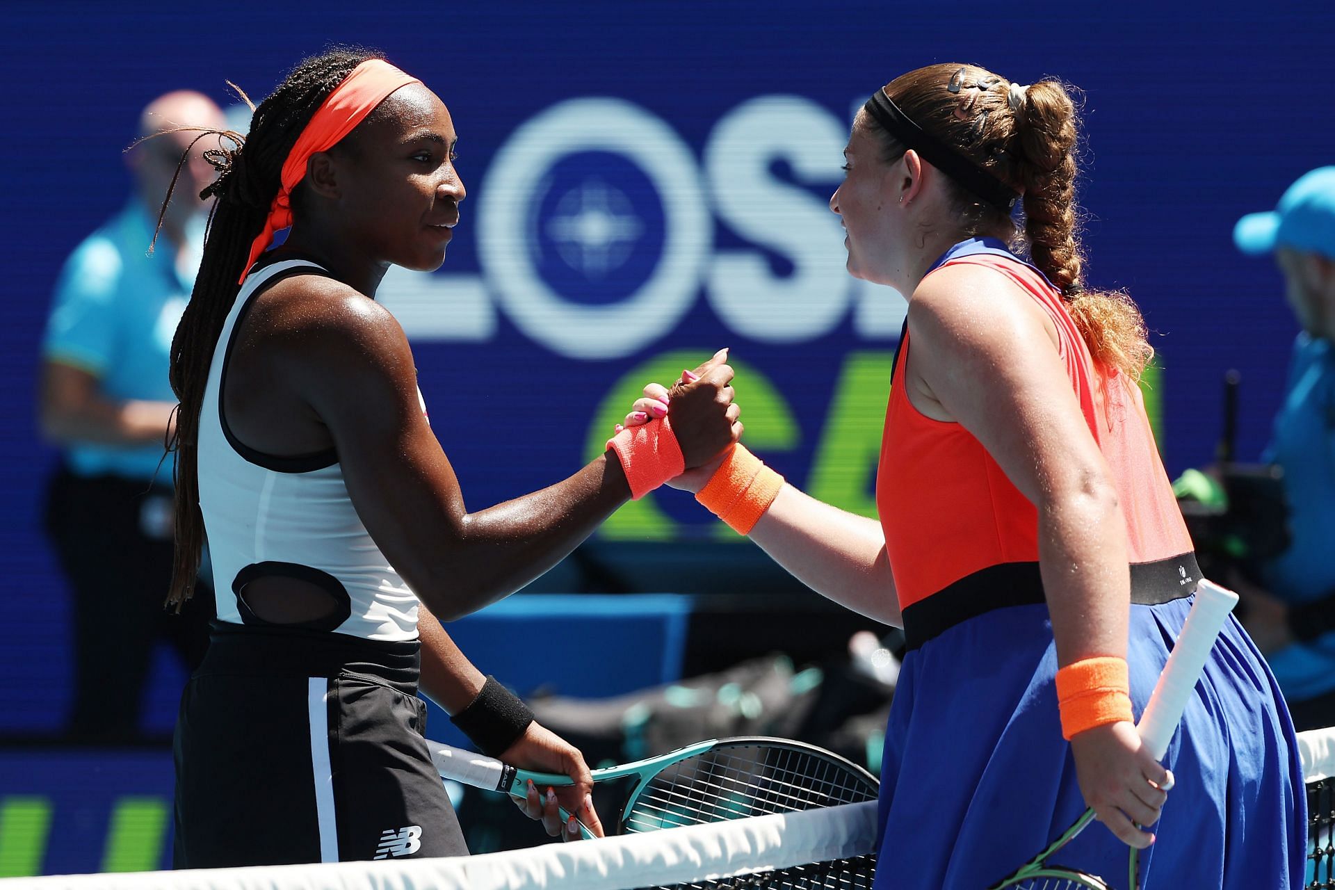 Coco Gauff greets Jelena Ostapenko after their 2023 Australian Open match.