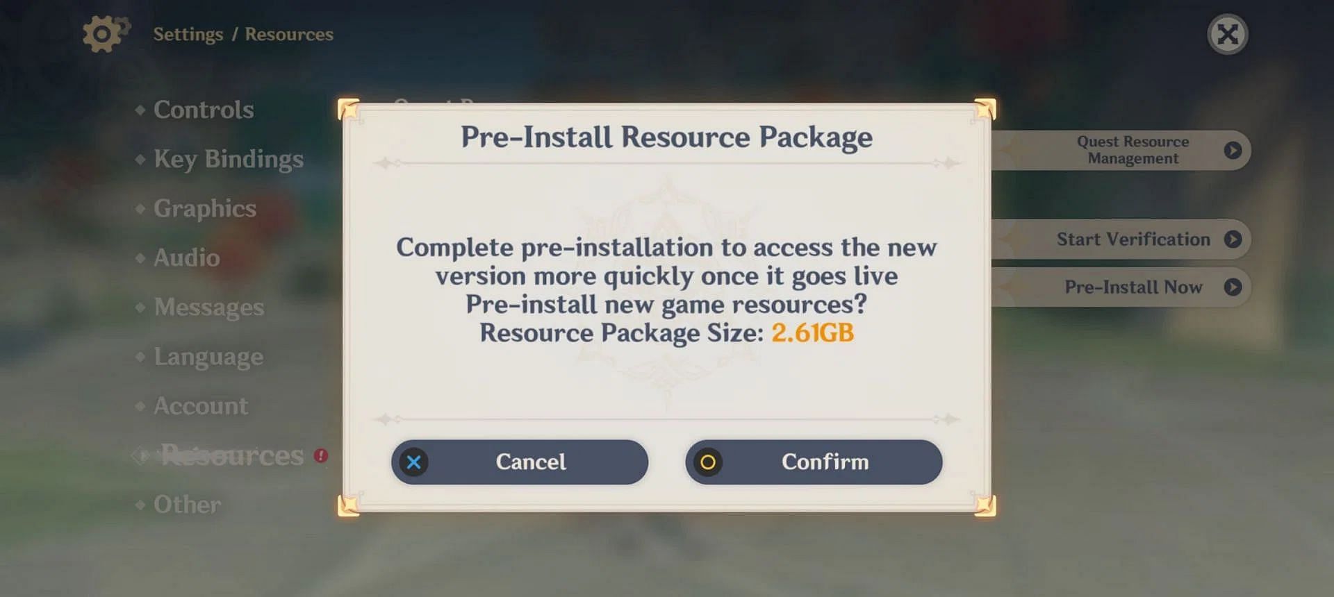 Press confirm to start the resources package pre-Installation (Image via HoYoverse)