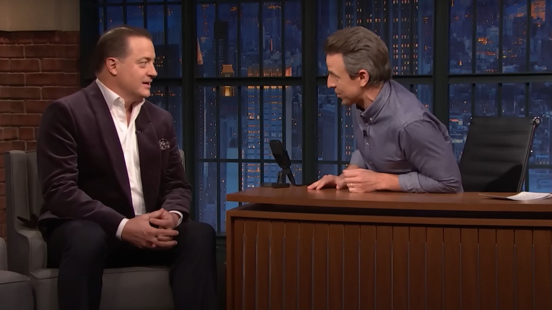 A still of Brendan Fraser and Seth Meyers from Late Night with Seth Meyers (Image Via Late Night with Seth Meyers/YouTube)