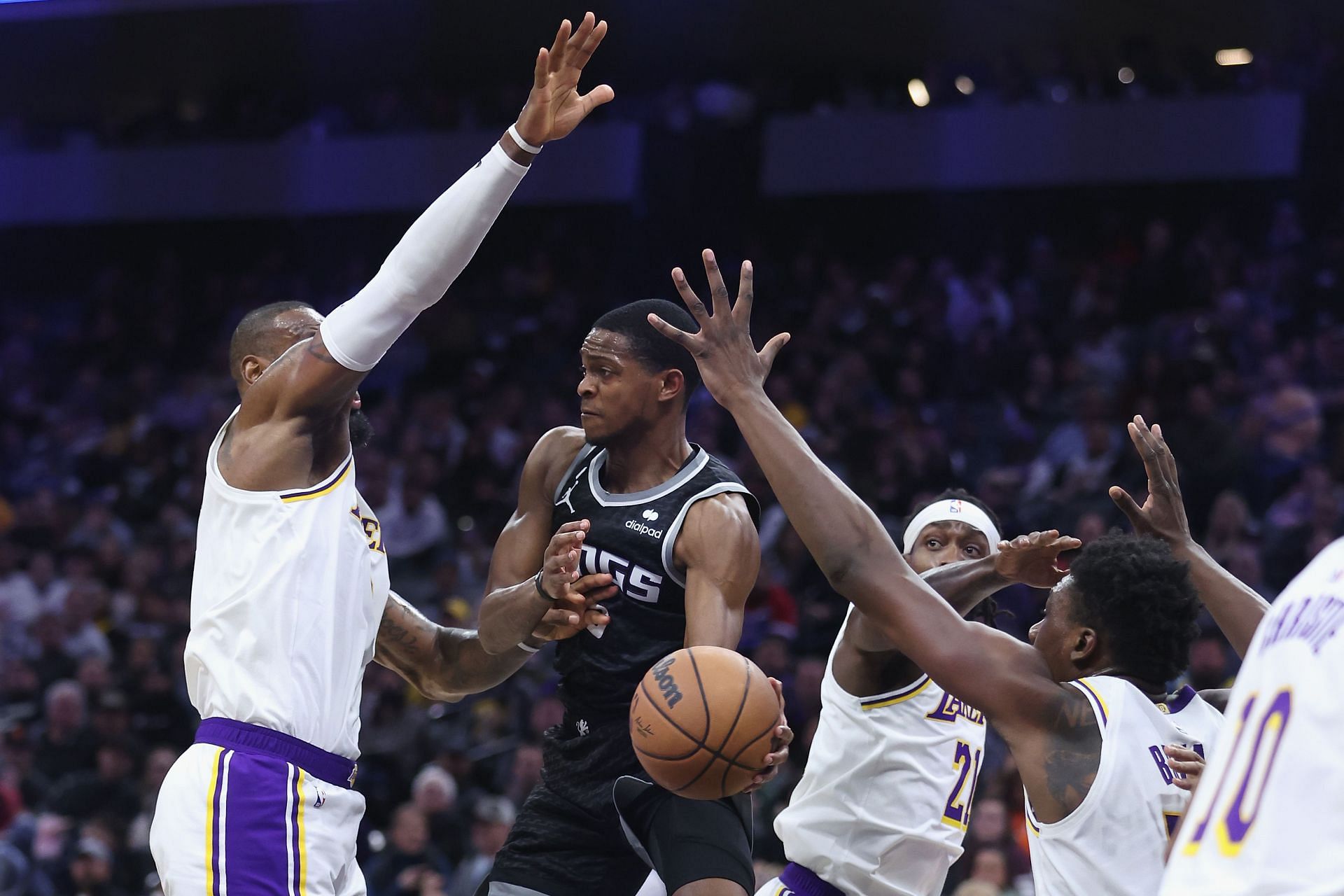 LA Lakers star forward LeBron James defending Sacramento Kings star point guard De&#039;Aaron Fox