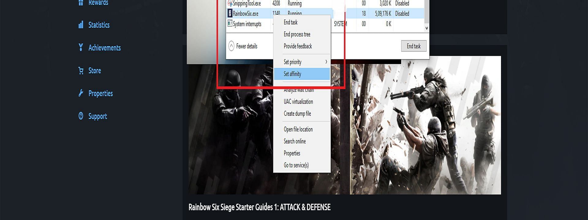 Change Rainbow Six Siege's affinity from Task Manager and then come back (image via Sportskeeda)
