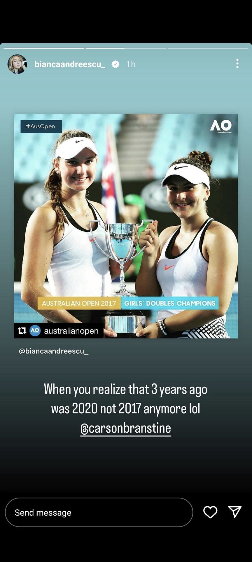 Bianca Andreescu&#039;s Instagram story on Thursday