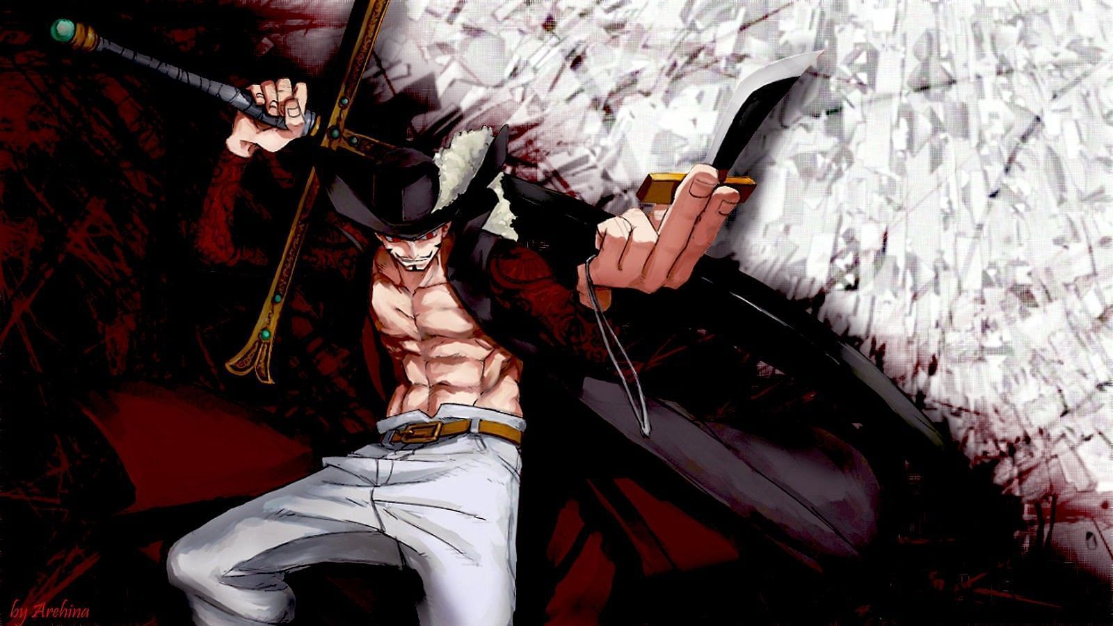 Dracule Mihawk with his black blade Yoru (image via Pinterest)