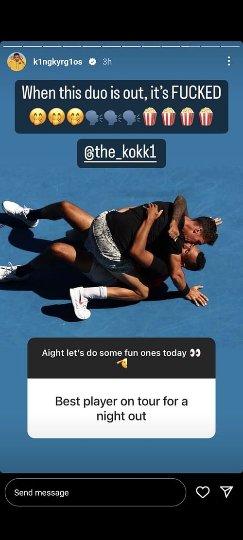 Nick Kyrgios' Instagram story on Saturday