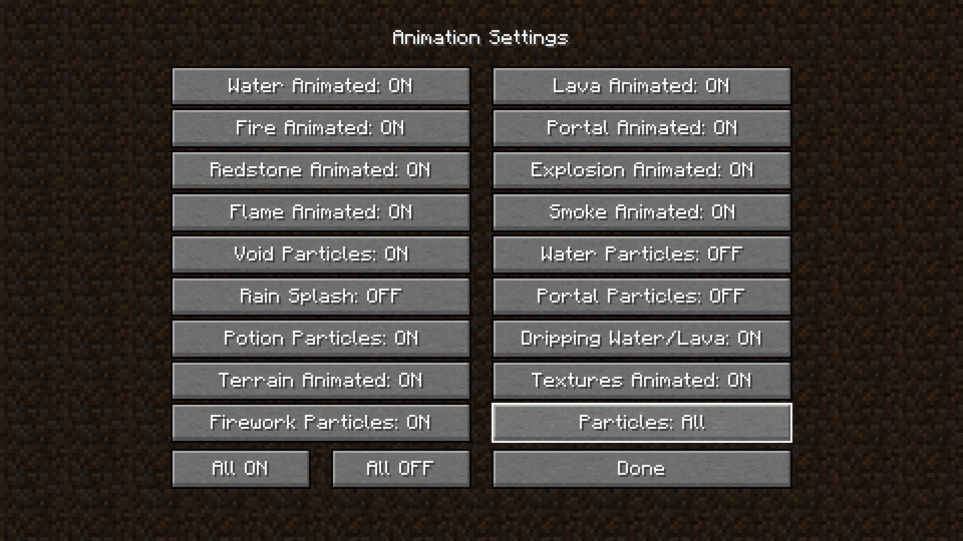 All the animation settings can be turned off for maximum FPS in Minecraft (Image via Mojang)