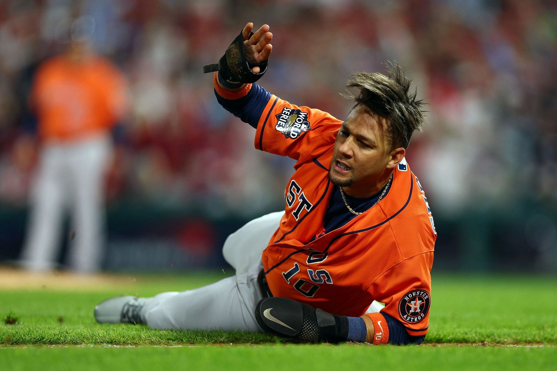 Yuli Gurriel is caught in a rundown and is tagged out in Game Five of the 2022 World Series
