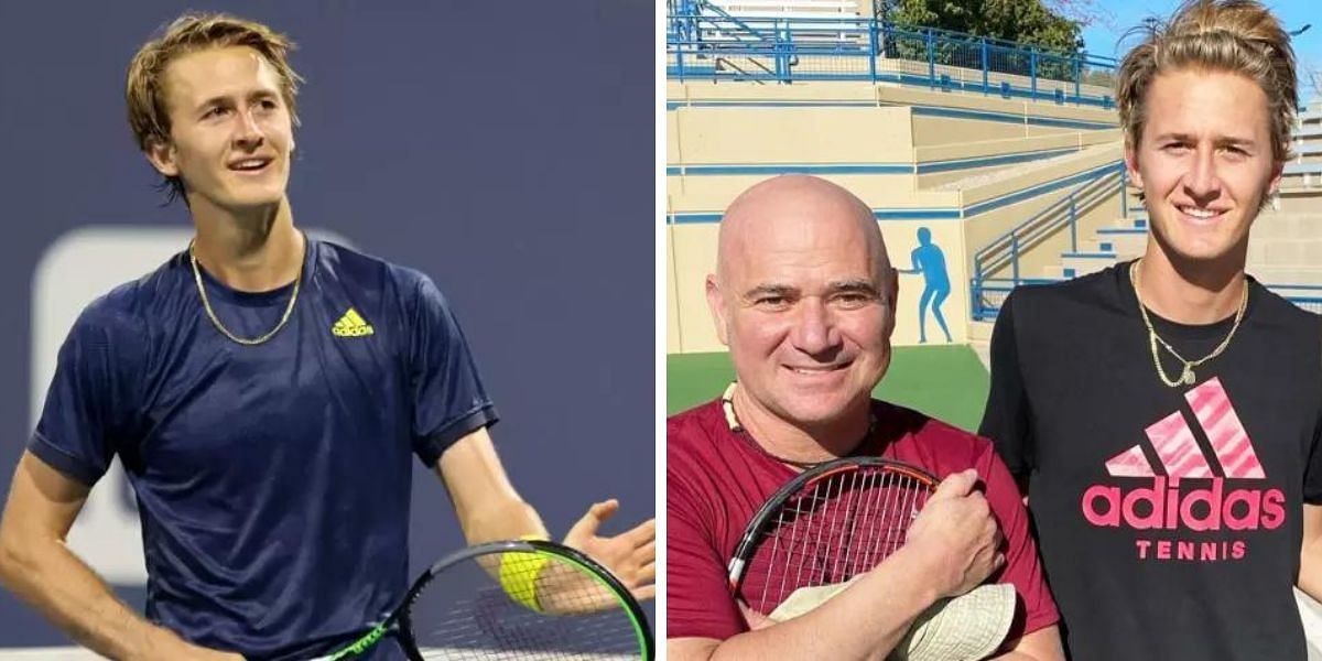 Sebastian Korda (L); Korda and Andre Agassi