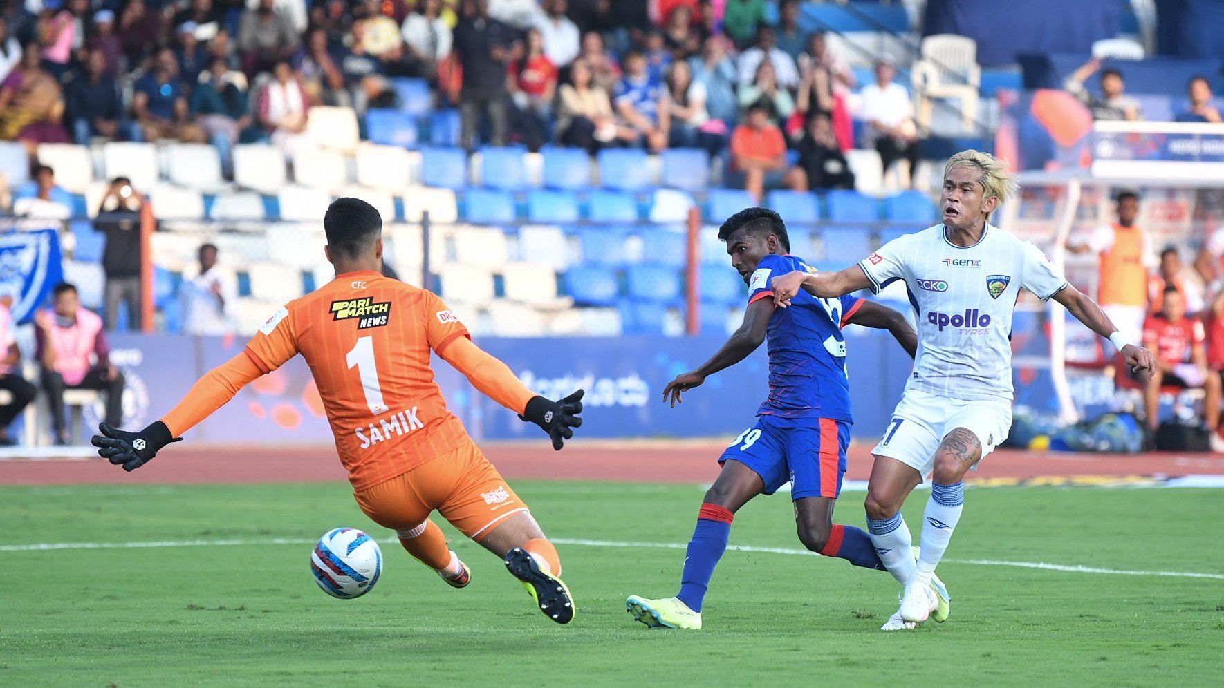 Sivasakthi Narayan scoring his first goal of the night for Bengaluru FC.