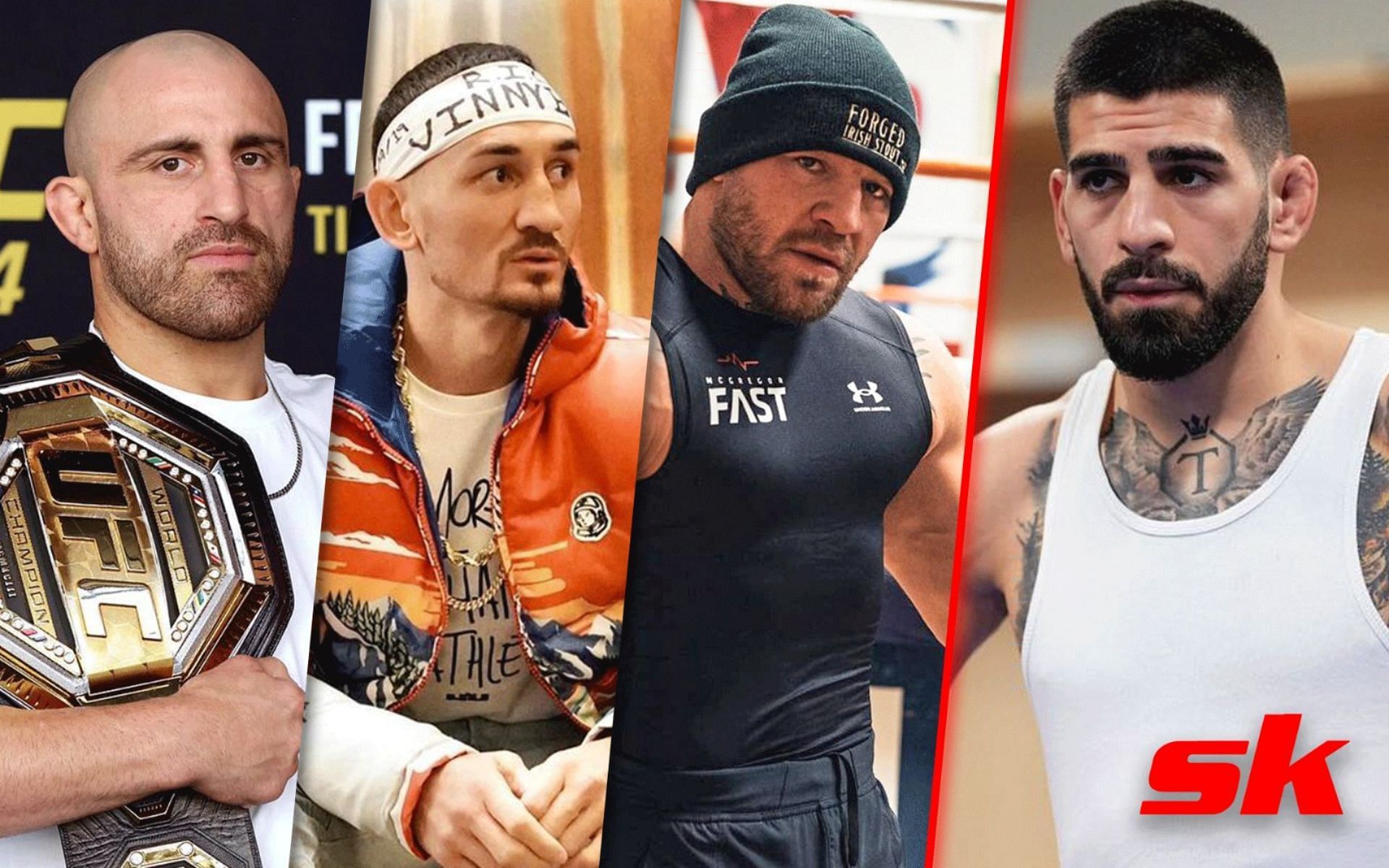 Alexander Volkanovski (left) Max Holloway (second to left) Conor McGregor (second to right) Ilia Topuria (right) [Image courtesy @alexvolkanovski @blessedmma @thenotoriousmma @iliatopuria on Instagram