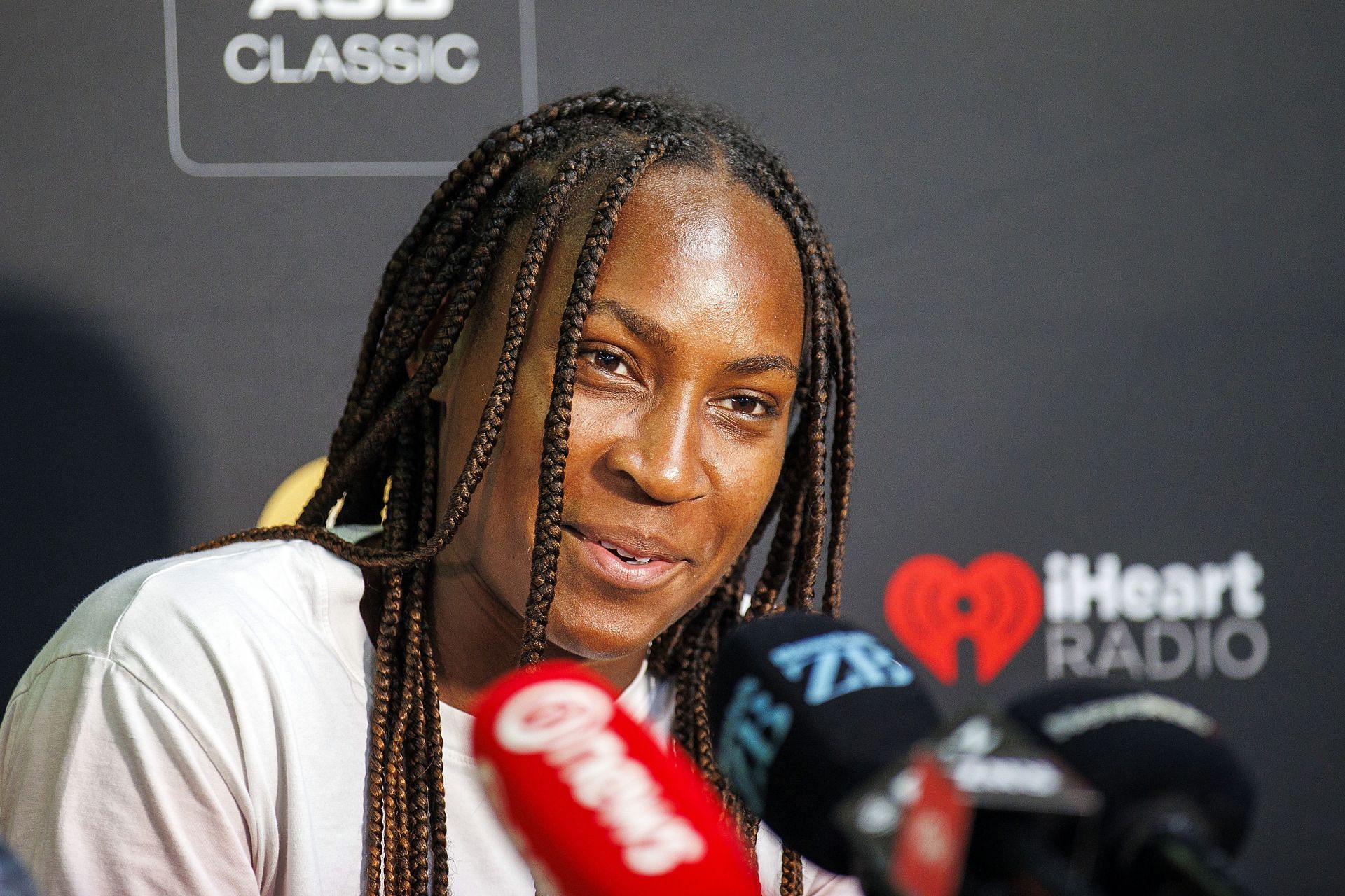 Coco Gauff pictured during a press conference at the 2023 ASB Classic.