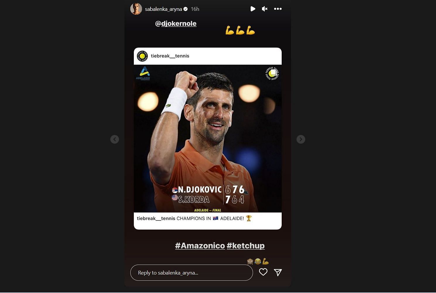 Via Instagram - Aryna Sabalenka congratulates the Serbian star.
