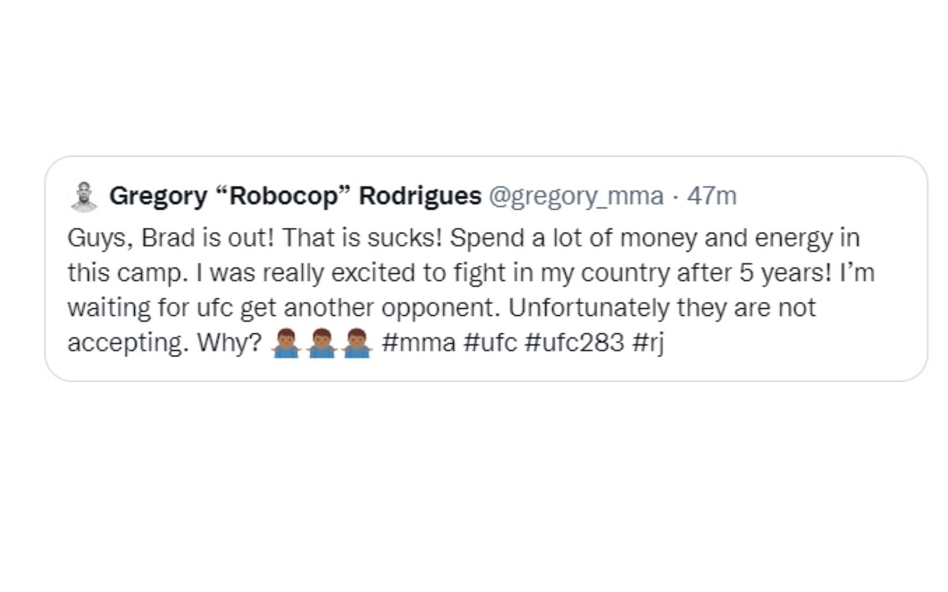 Gregory Robocop enfrenta Brad Tavares no UFC 283, no Rio de
