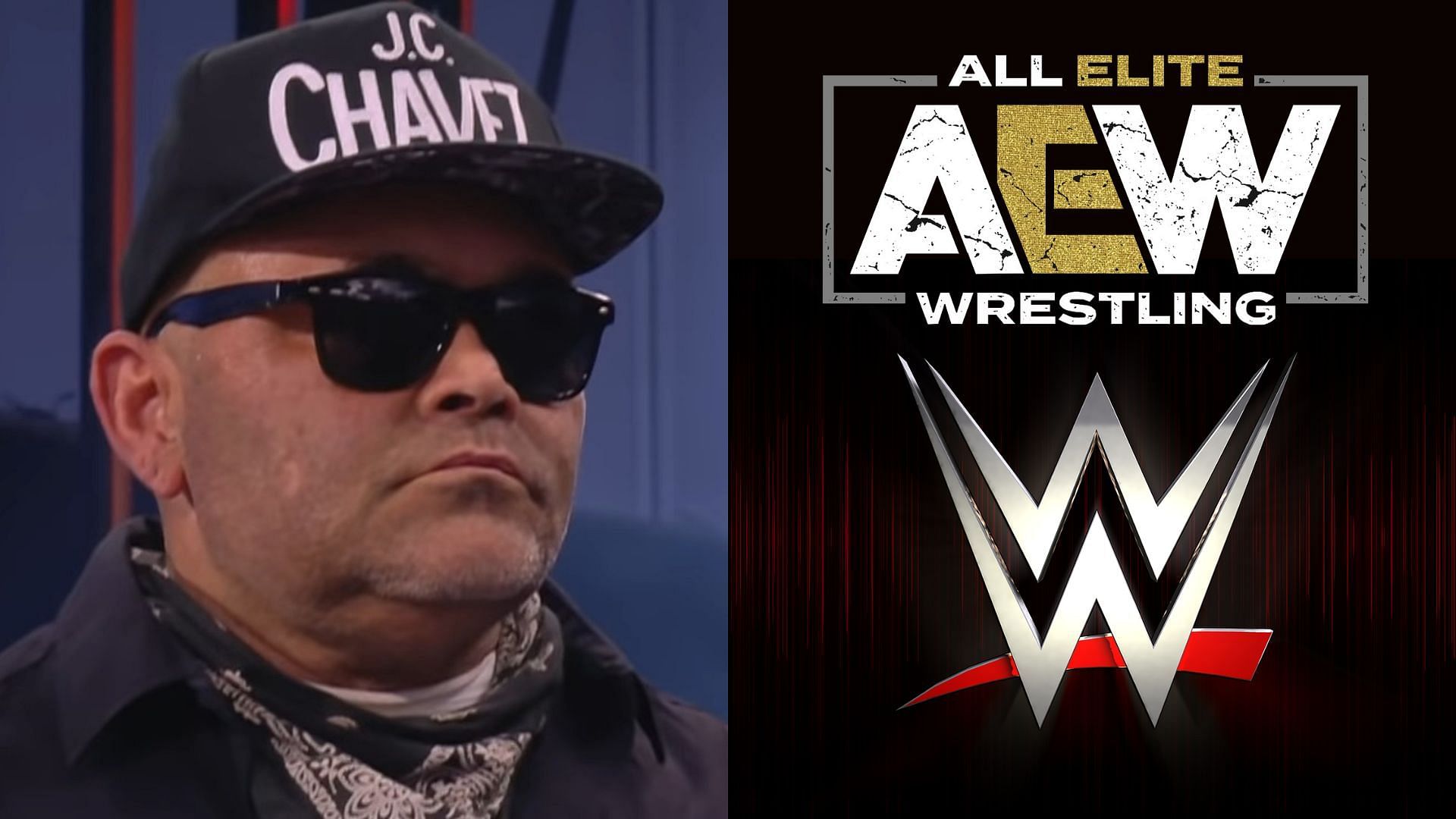 Konnan (left), AEW and WWE logo (right)