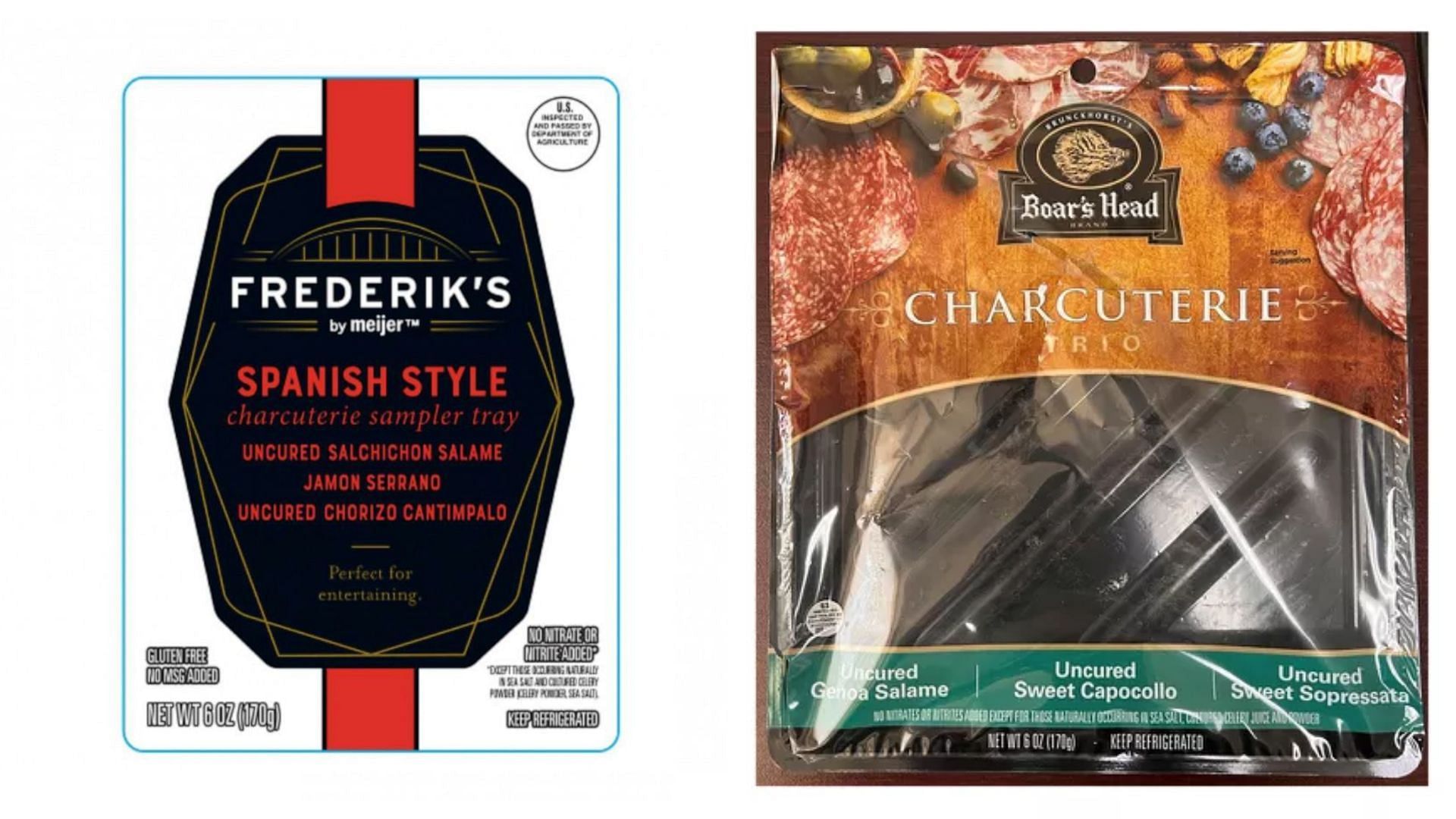 the affected products: Boar&#039;s Head Charcuterie Trio Charcuterie sausage and salami, and Fredricks by Meijer Spanish Style Charcuterie Sampler Tray (Image via FSIS)