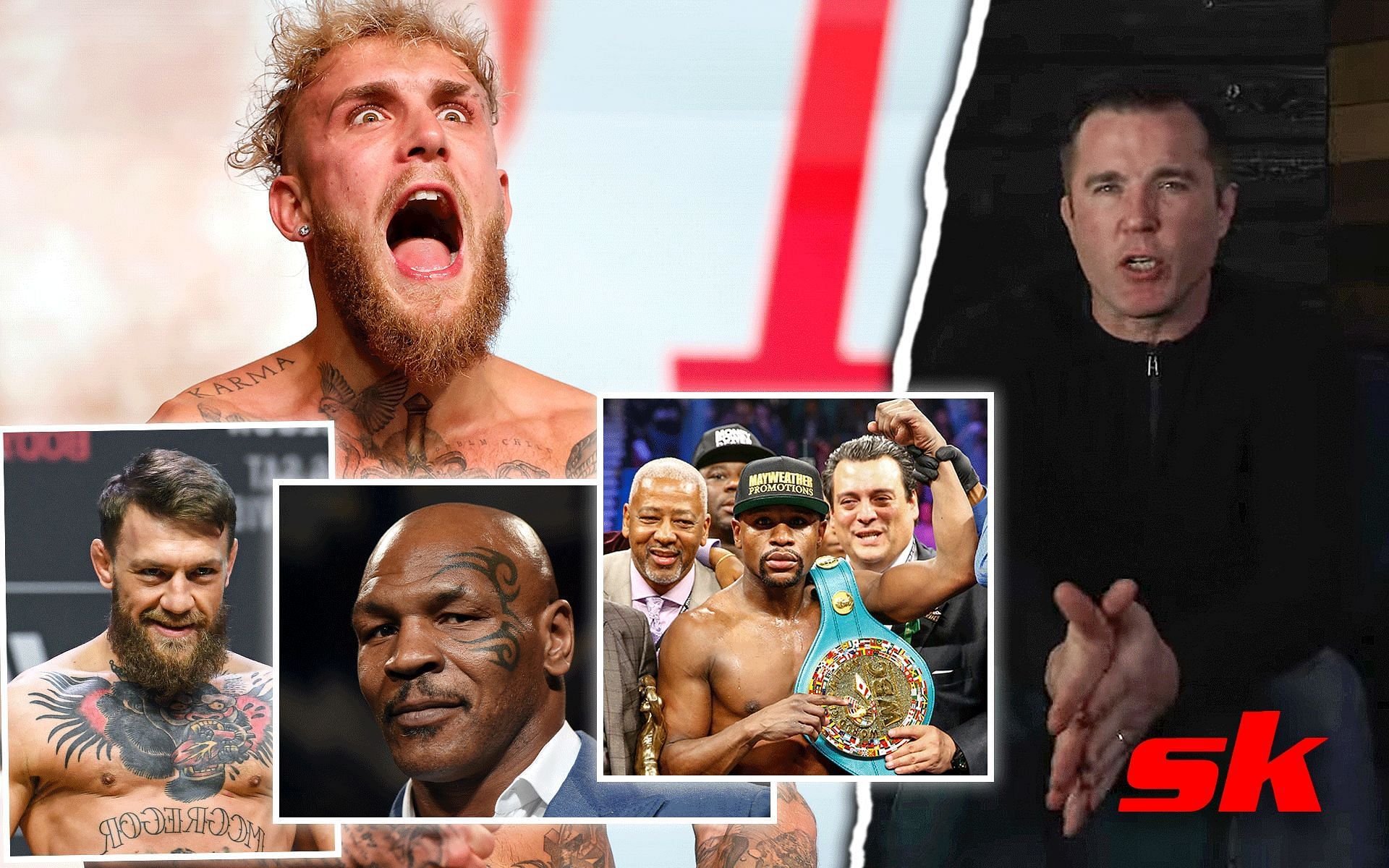 Conor McGregor (left), Mike Tyson (center), Floyd Mayweather (right), Jake Paul (top center), and Chael Sonnen (far right). [Images courtesy: far right image from YouTube Chael Sonnen and the rest from Getty Images]