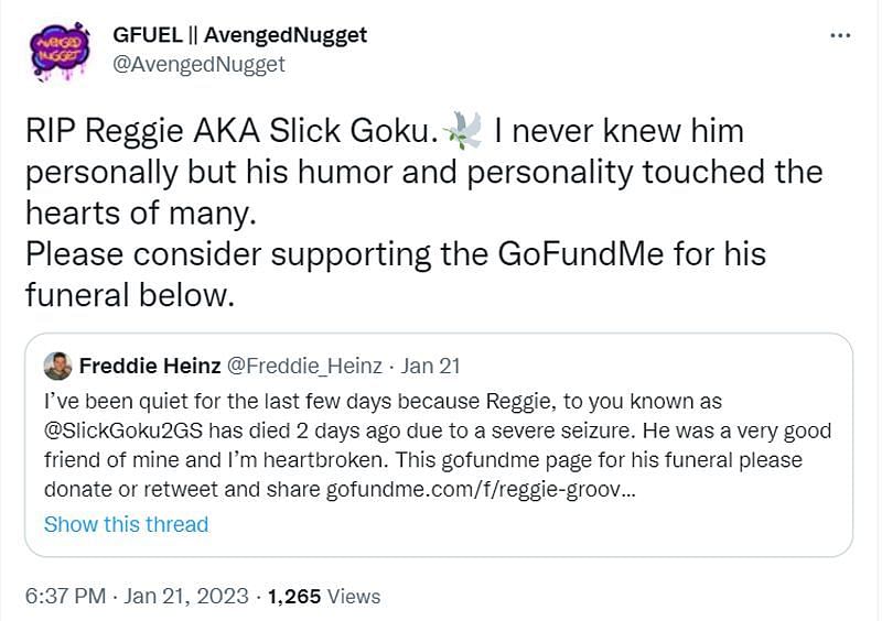 A tweet supporting the late YouTuber (Image via Twitter/ @GFuel || AvengedNugget)