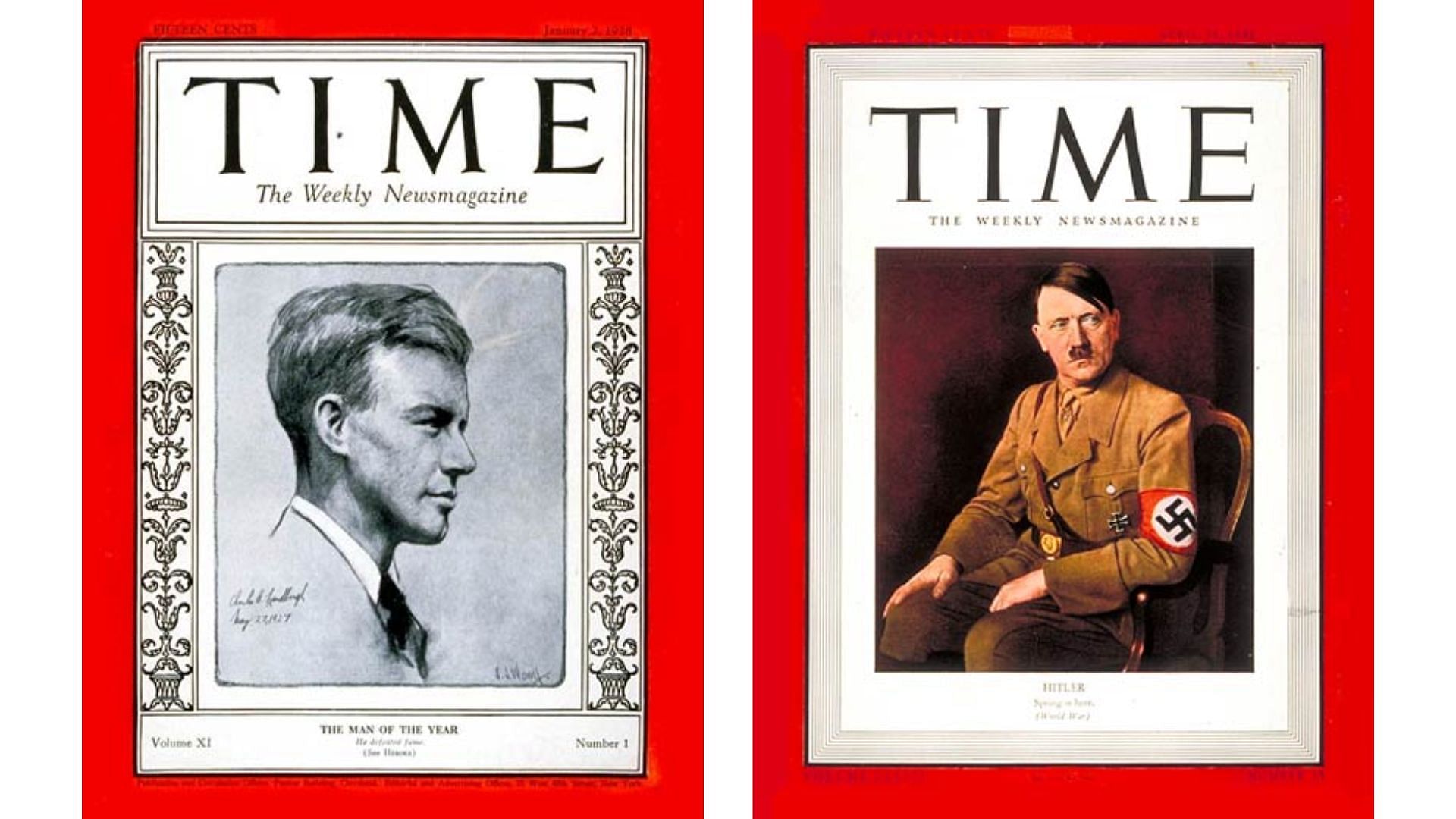 Charles Lindbergh (L) and Adolf Hitler on the cover (Image via Twitter/@time)