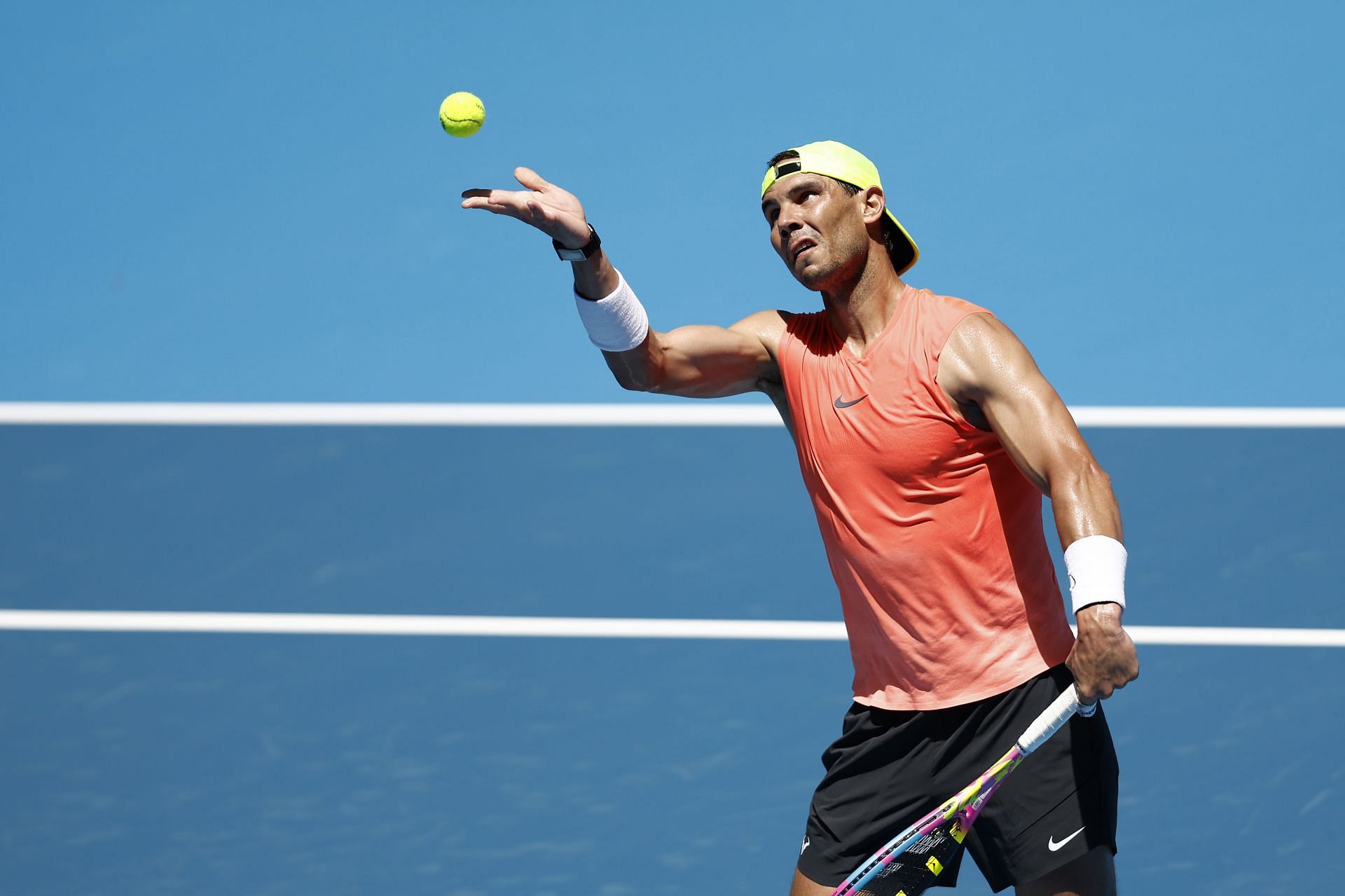 Rafael Nadal practicing at Melbourne Park.