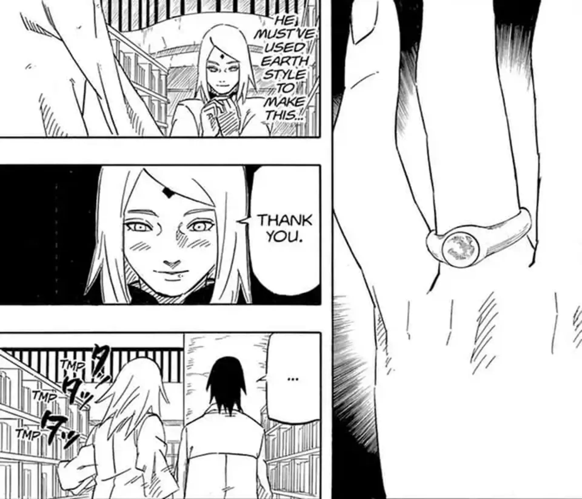 Sasuke fashions a ring with Earth Style and gives it to Sakura (Image via Shueisha)