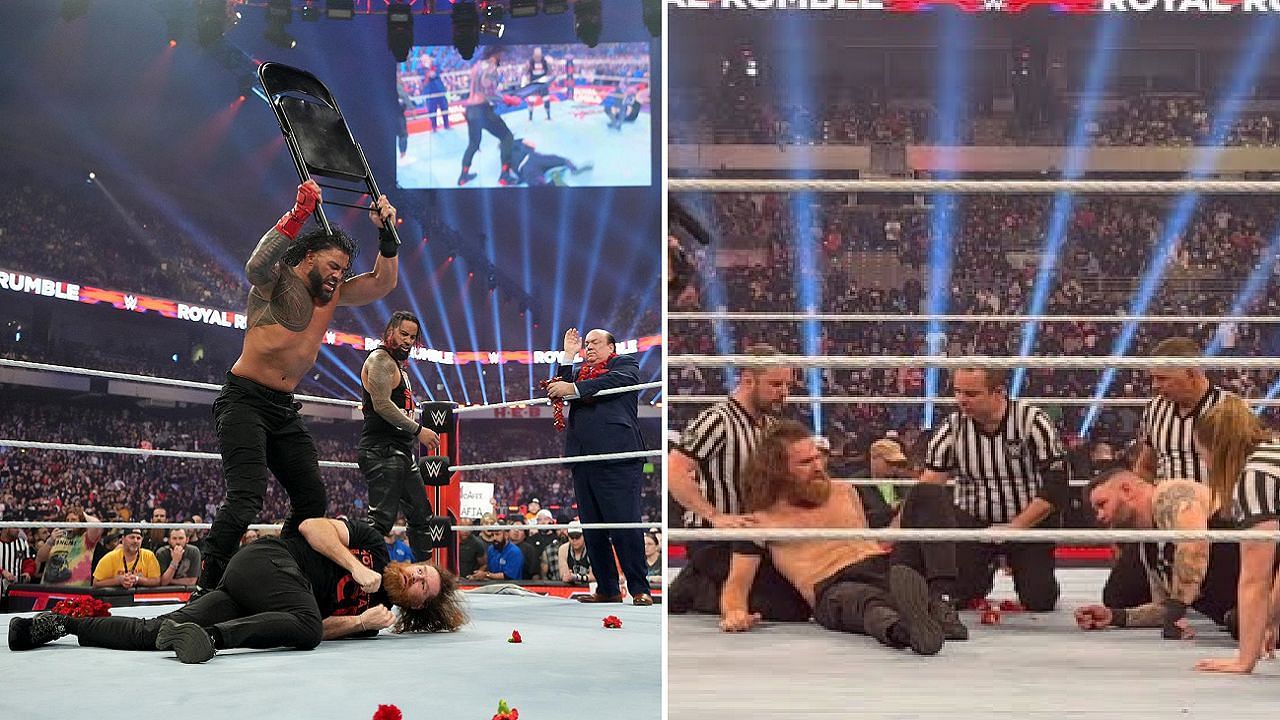 Reigns attacks Sami (left); Sami and Owens after the show went off the air (right)