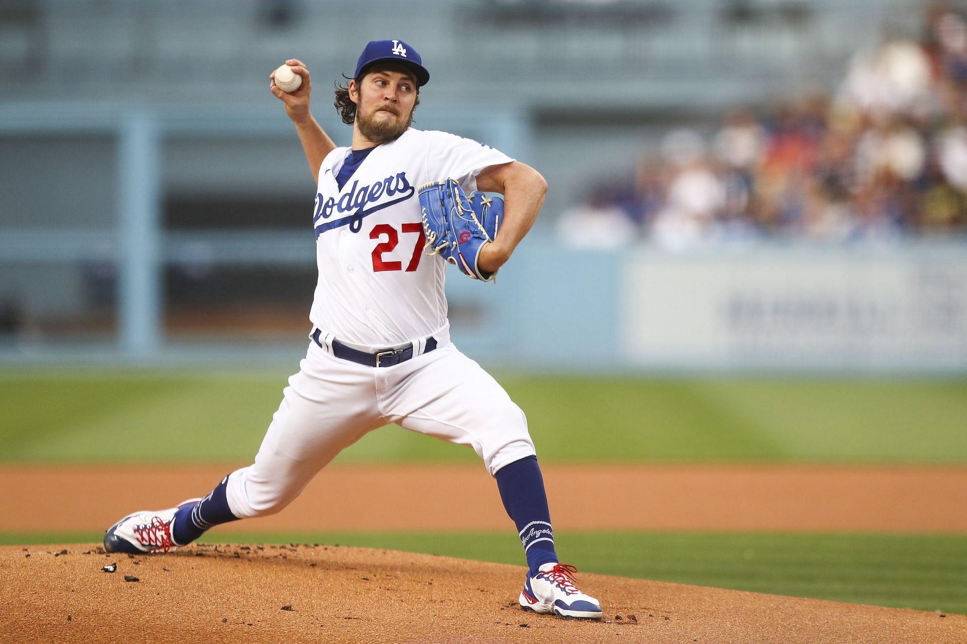 Trevor Bauer throws the first pitch in the first inning against the San Francisco Giants at Dodger Stadium.