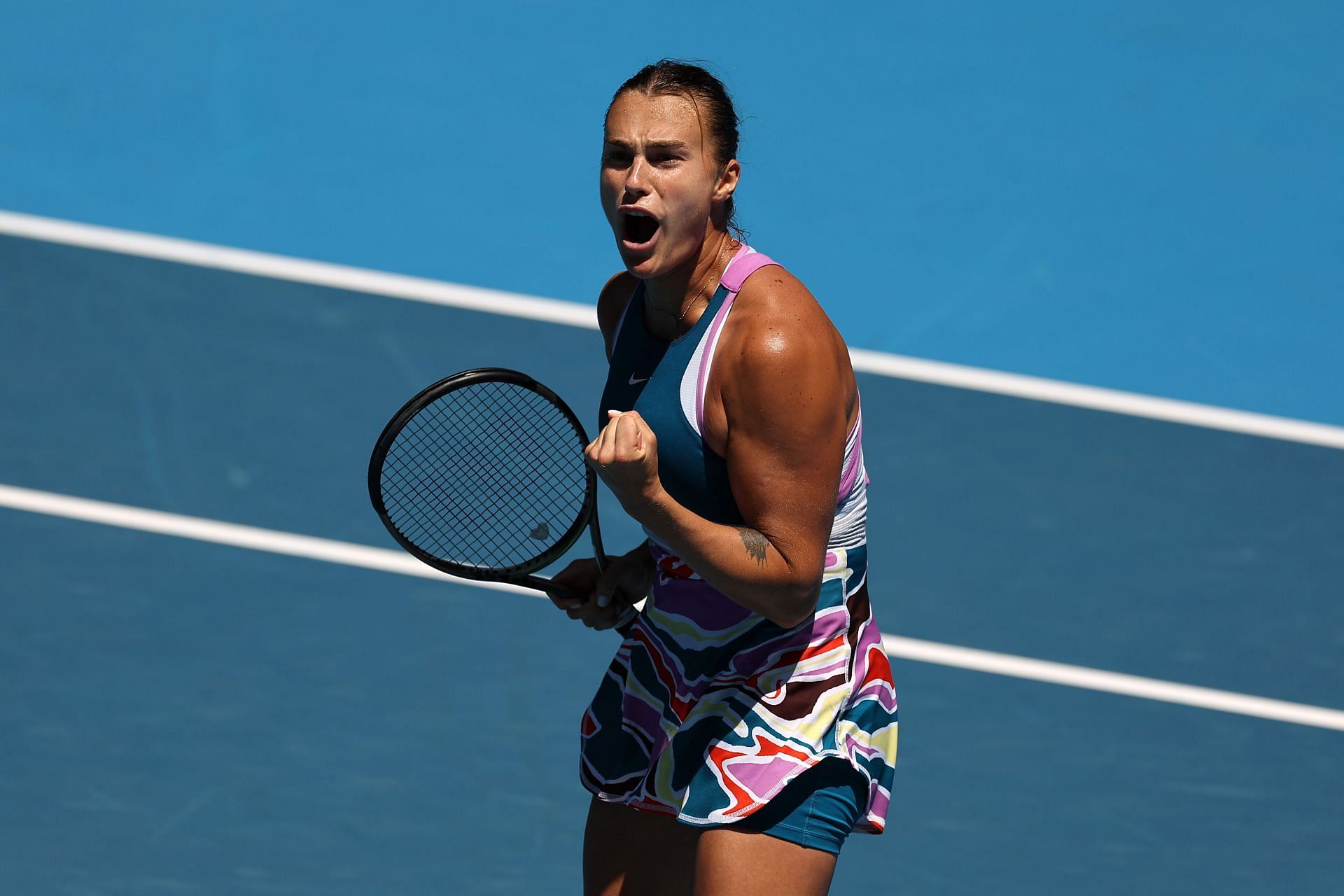 Aryna Sabalenka Celebrates win against Belinda Bencic