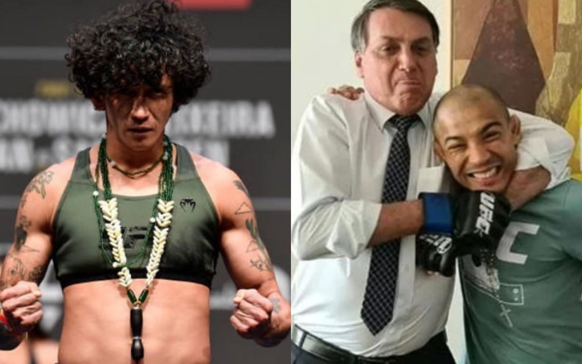 Virna Jandiroba (left), Jair Bolsonaro &amp; Jose Aldo (right) [Images courtesy of @virnajandiroba on Instagram &amp; @zidansports on Twitter]