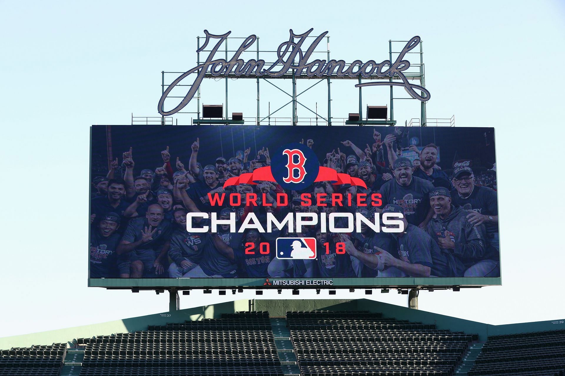 orld Series Champions 2018 signage in the outfield before the Boston Red Sox Victory Parade at Fenway Park