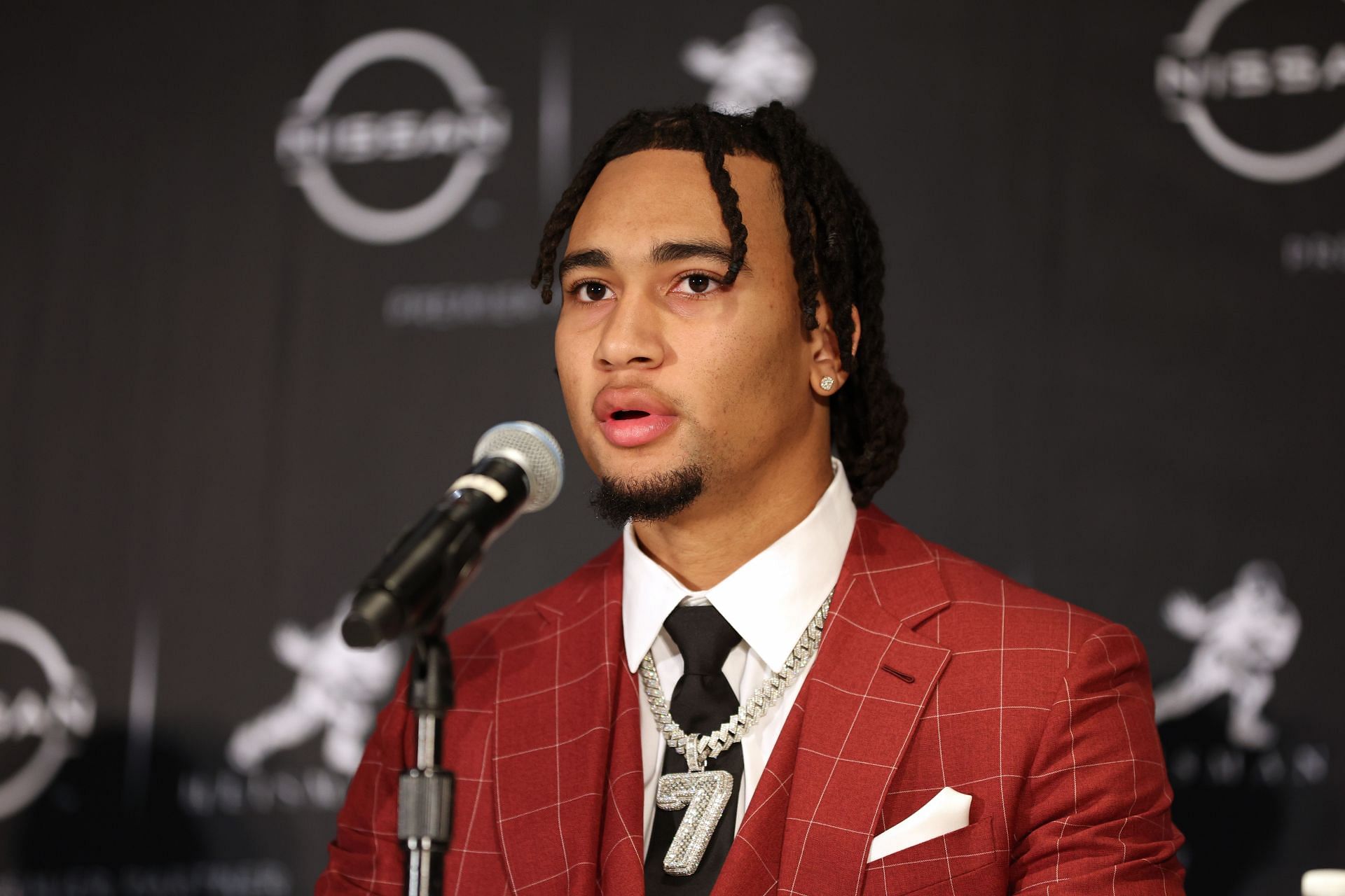 Quarterback C.J. Stroud of the Ohio State Buckeyes speaks to the media during a press conference prior to the 2022 Heisman Trophy Presentation