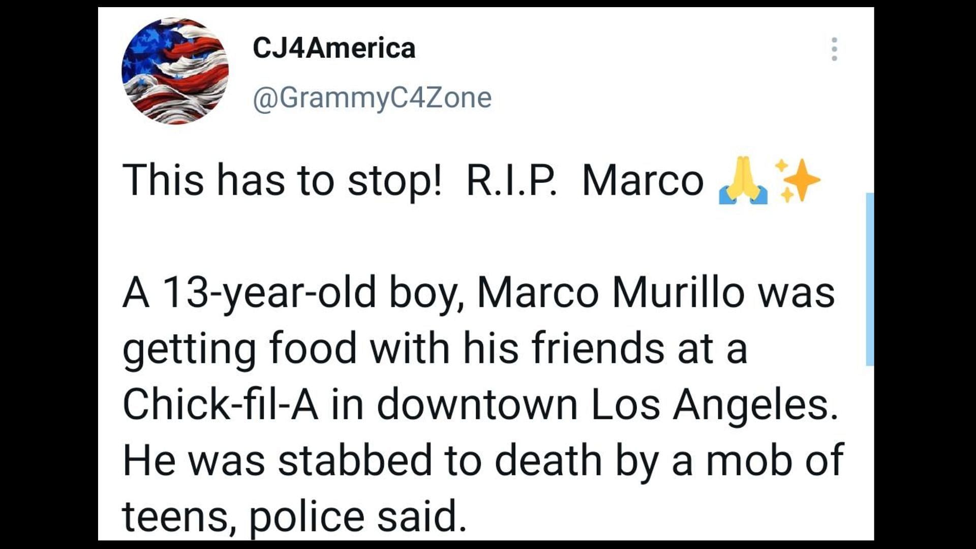 Marco&#039;s mother believes that her son did not know the boys who approached him outside Chick-Fil-A. (Image via Twitter)