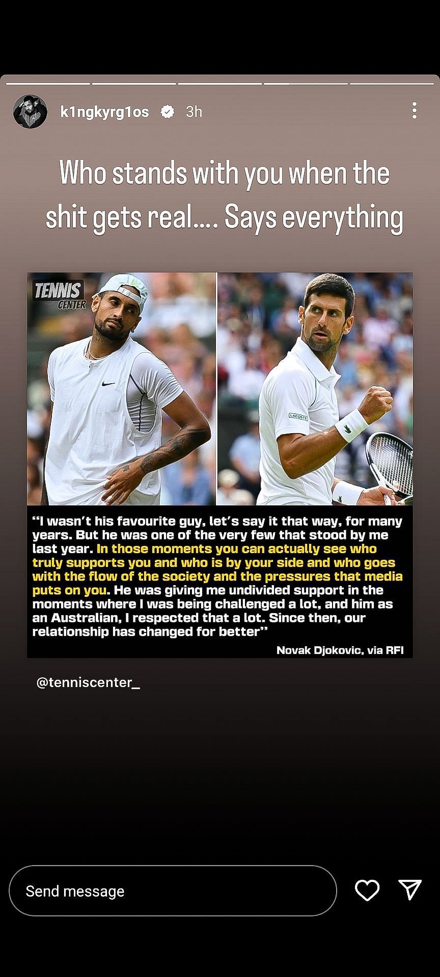 Nick Kyrgios on his Instagram stories.