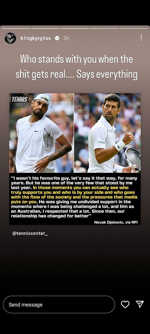 Nick Kyrgios on his Instagram stories.