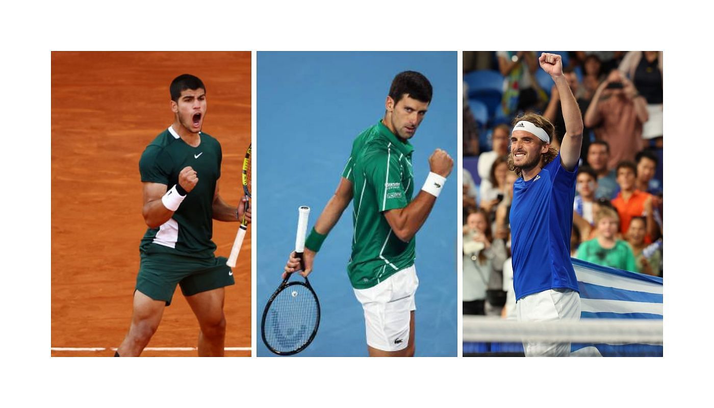 (L-R) Carlos Alcaraz, Novak Djokovic and Stefanos Tsitsipas