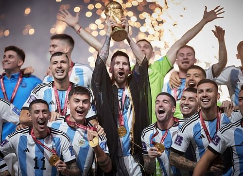 Lionel Messi lifts the FIFA World Cup Qatar 2022 Winner's Trophy