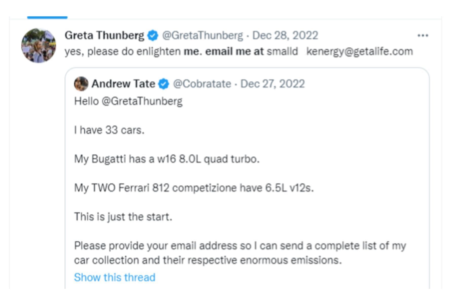 Tate clashed with Greta Thunberg on Twitter (Image via Twitter/@GretaThunberg)