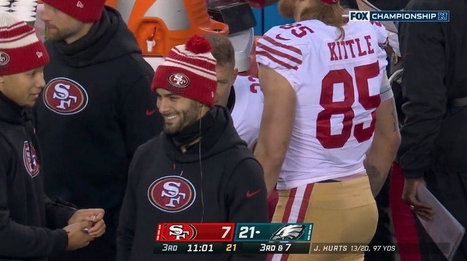 Garoppolo and Lance were caught laughing in the NFC Championship Game | Image: NFL on CBS