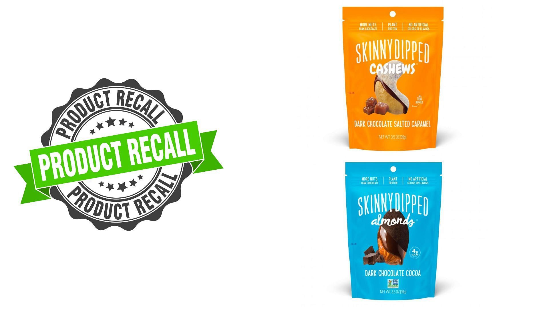 SkinnyDipped recalls its Dark Chocolate Cocoa Almond &amp; Dark Chocolate Salted Caramel Cashew over undeclared Penaut Allergen concerns (Image via FDA)