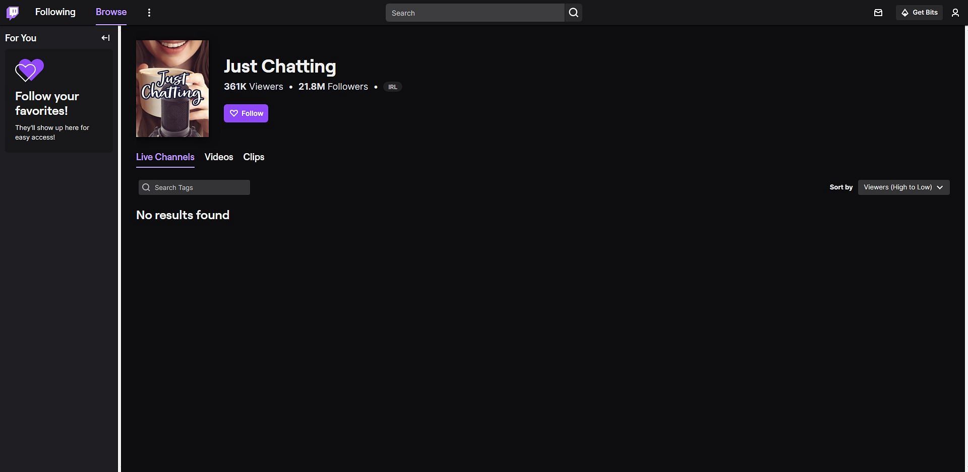 The glitched Just Chatting section shows no live channels (Image via Sportskeeda)