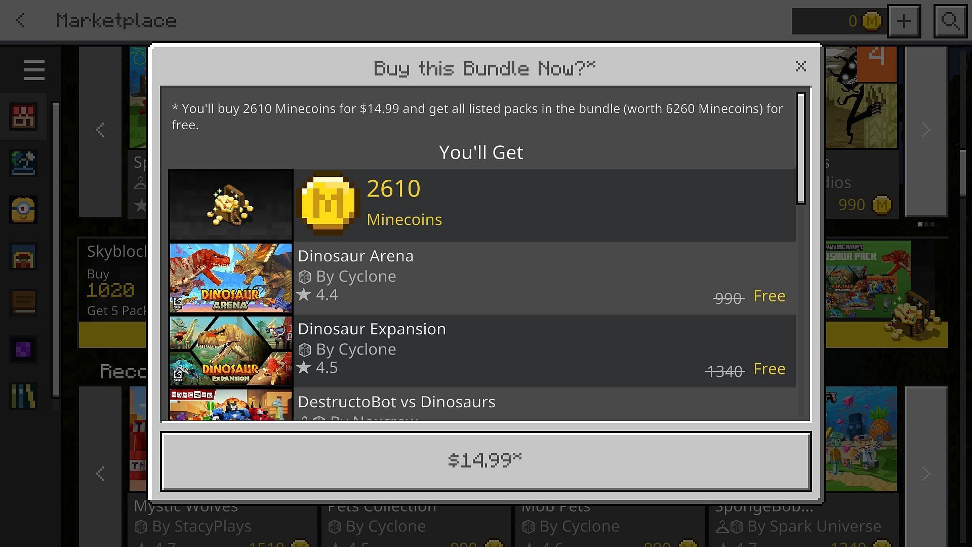 The dinosaur bundle is available for $15 on the Minecraft Marketplace (Image via Mojang)
