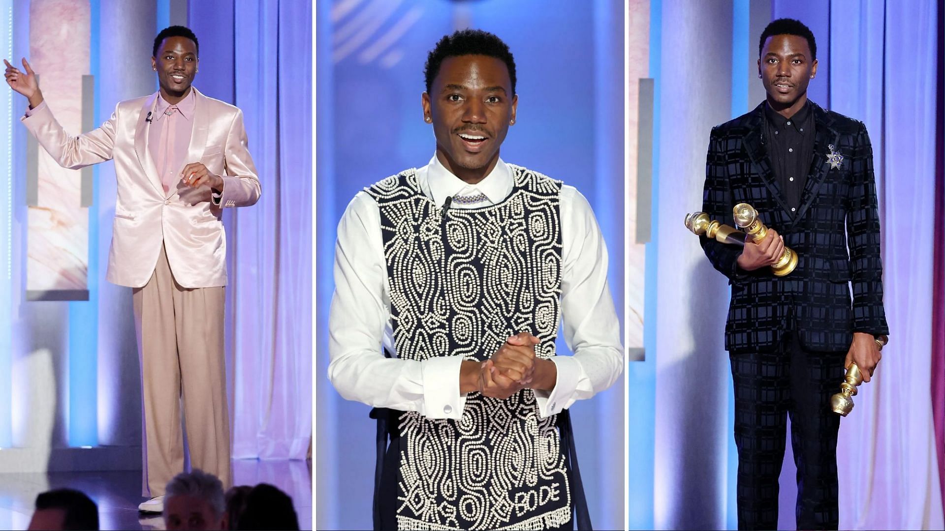 Jerrod Carmichael&#039;s outfits over the night (Images via Getty Images)