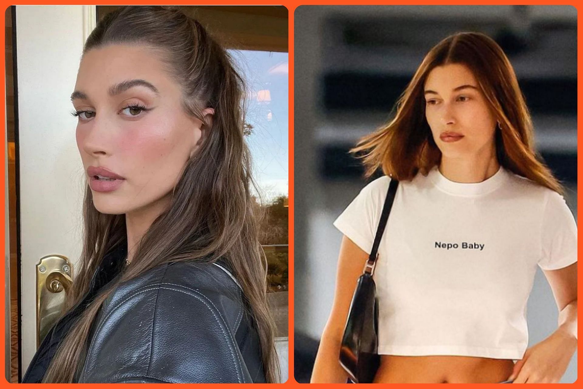 Hailey Bieber makes a statement around the nepotism discourse with her nepo baby T-shirt (Image via Instagram/haileybieber and Rachpoot/Bauer-Griffin/GC Images)