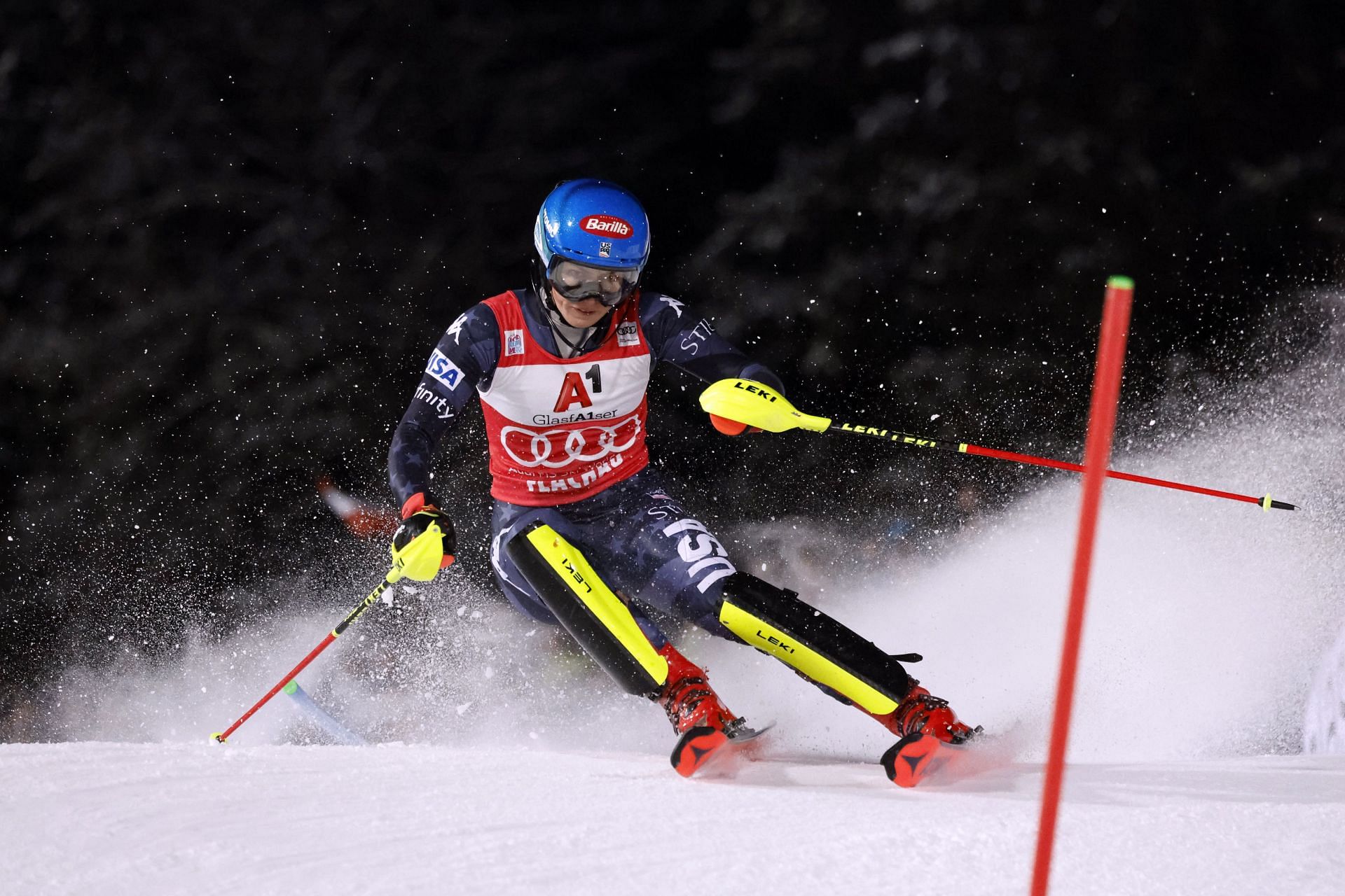 Mikaela Shiffrin of Team United States in action during the Audi FIS Alpine Ski World Cup Women&#039;s Slalom on January 10, 2023 in Flachau, Austria.