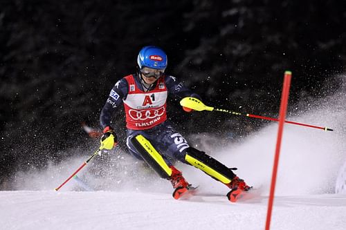 Mikaela Shiffrin of Team United States in action during the Audi FIS Alpine Ski World Cup Women's Slalom on January 10, 2023 in Flachau, Austria.